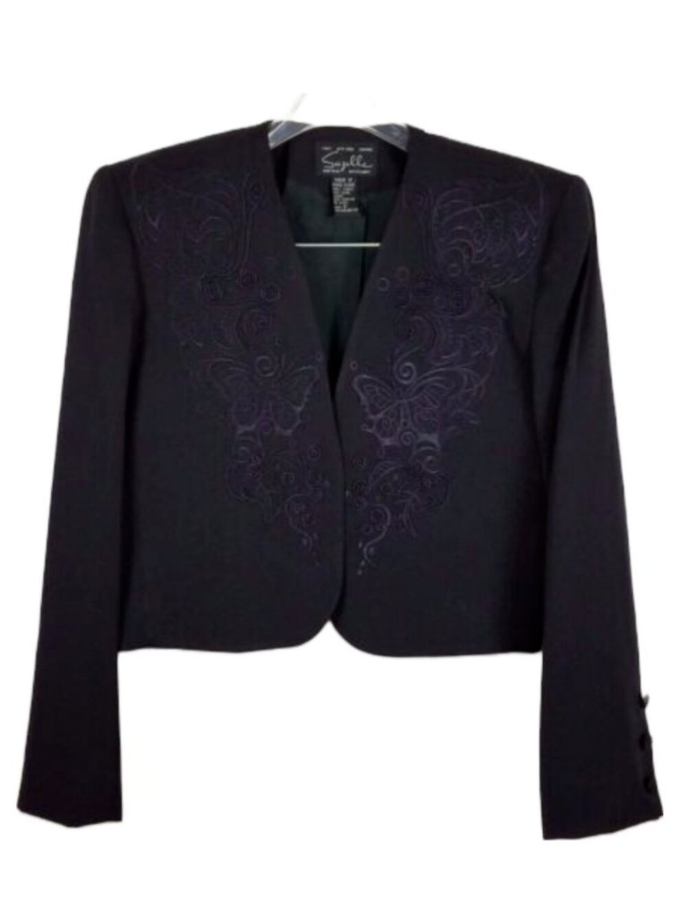 SUZELLE  black vintage Jacket Embroidered Butterflies and Leaves  size 6